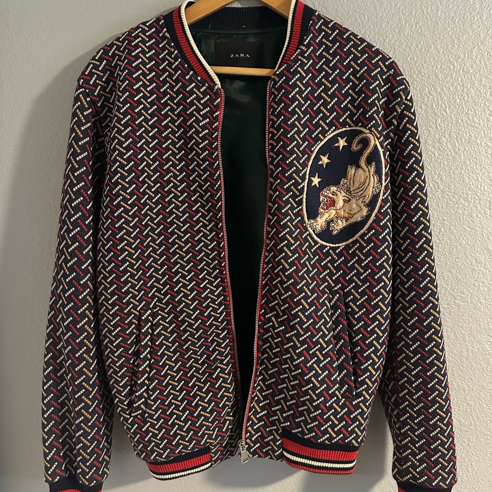 Zara Red and Blue Bomber Jacket with Ribbed Trim